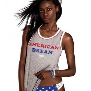 PINK Victoria's Secret Gray Tank Top with Red, White and Blue Accents